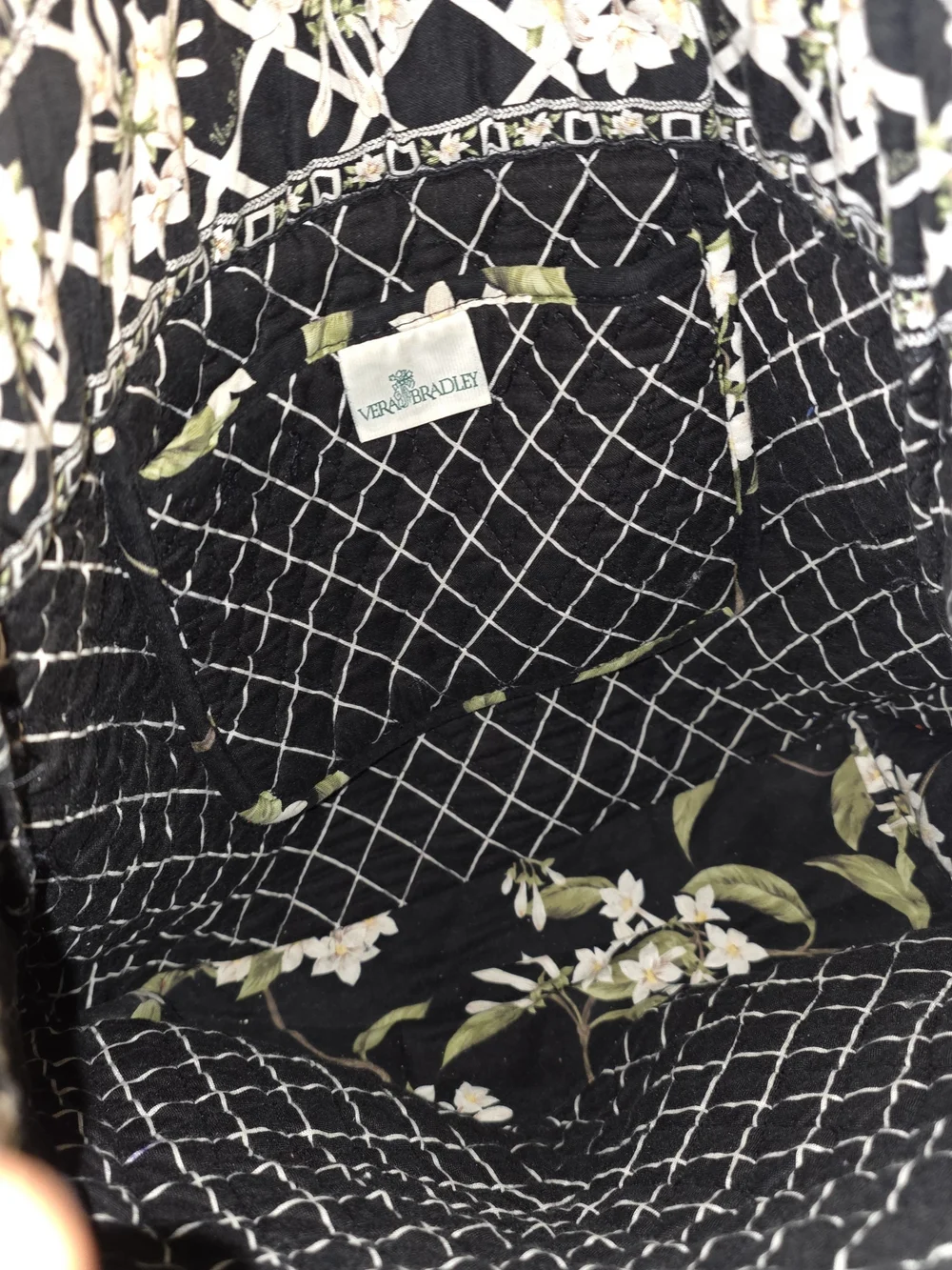 Vera Bradley Floral Quilted Black Tote Bag with White Blossom Print